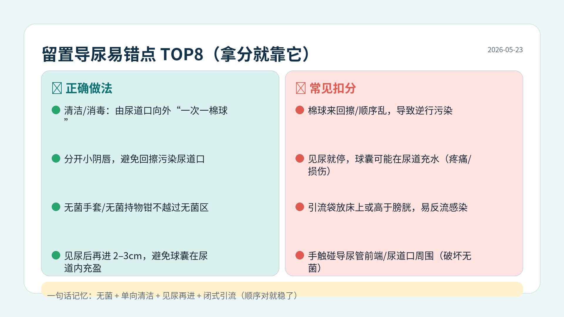 留置导尿易错点TOP8:无菌手污染、消毒方向、见尿后再进、引流袋位置等