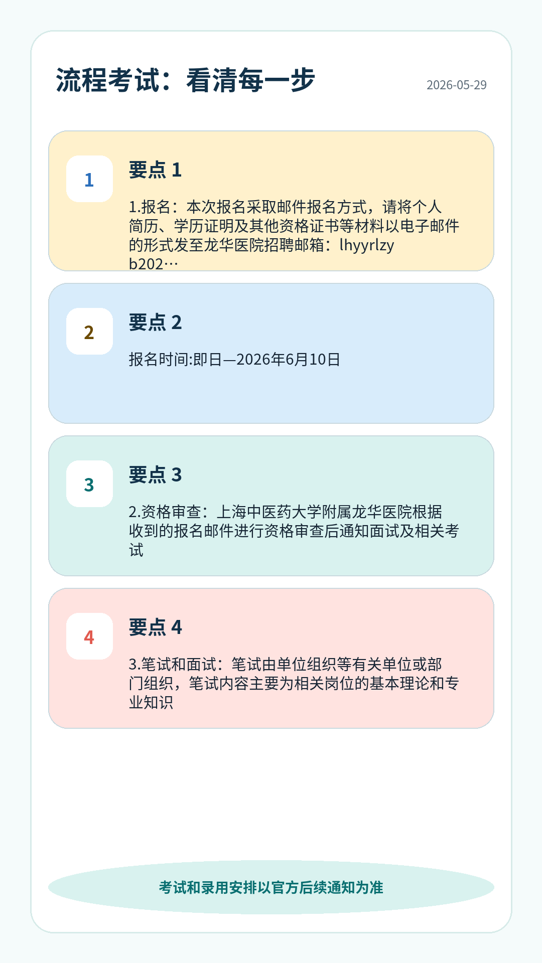 上海龙华医院护理招聘流程考试：报名、资格初审、笔试、面试或实操、体检考察、公示录用