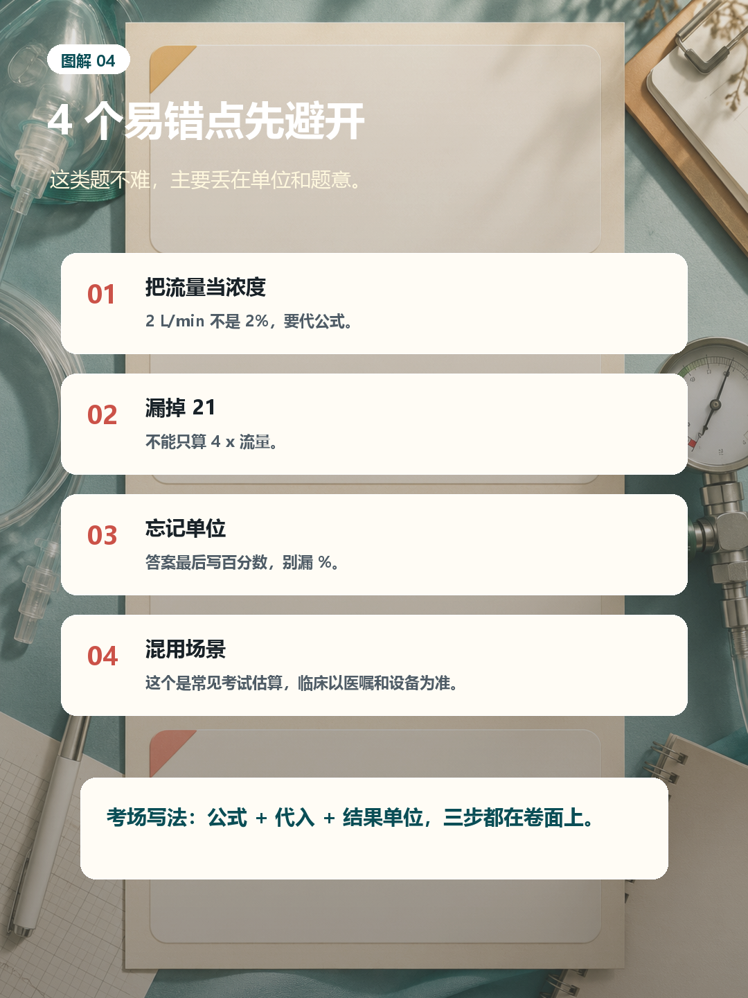 吸氧浓度计算易错点:流量当浓度、漏掉21、忘记单位、混用场景