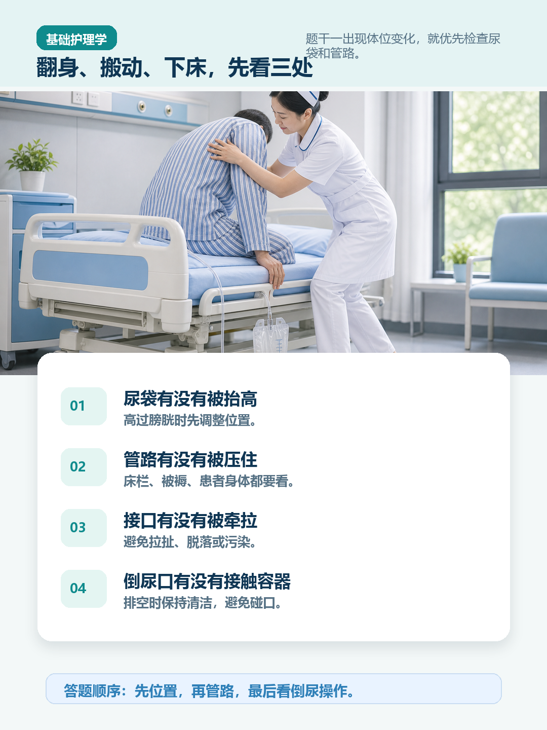 患者翻身搬动时先看尿袋和管路