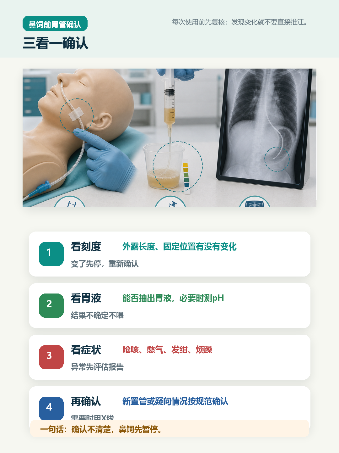 鼻饲前胃管确认三看一确认