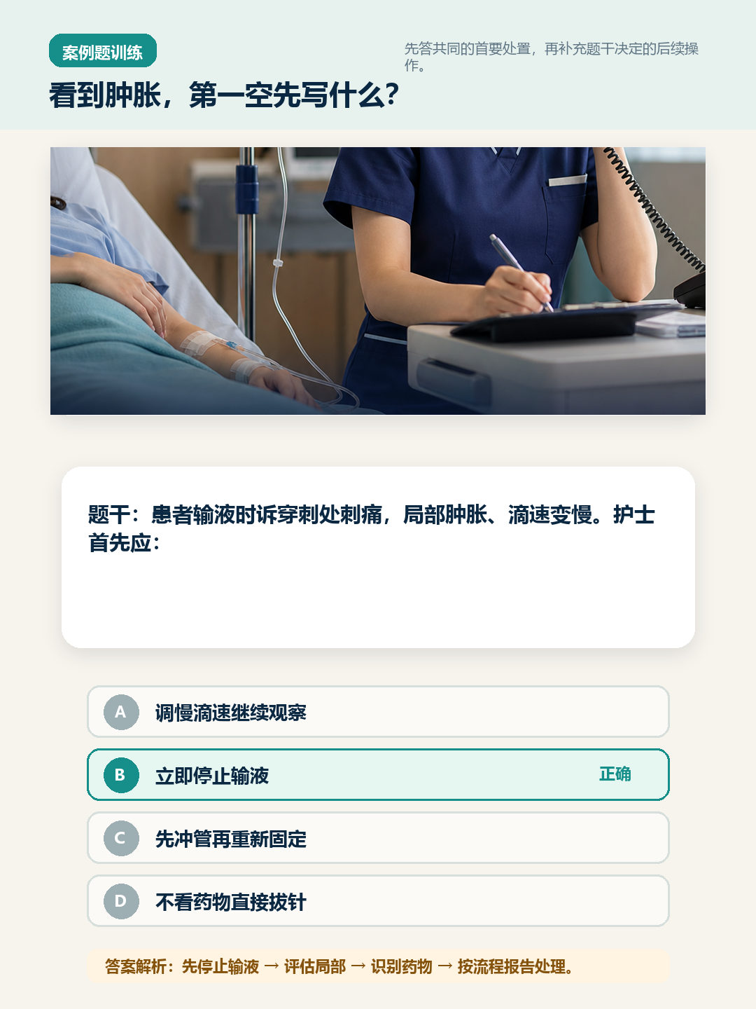 输液肿胀案例题作答顺序